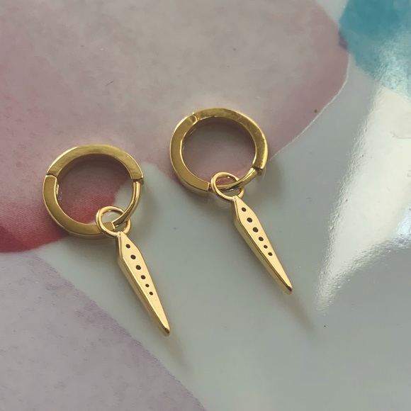 NWT 18K Gold Plated, 925 Sterling Silver Huggie Hoop Dangling Sword Earrings - Picture 10 of 12